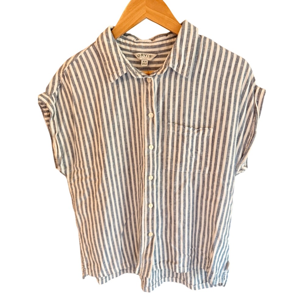 Orvis Womens Blue White Striped Linen Blend Button Down Cap Sleeve Shirt M